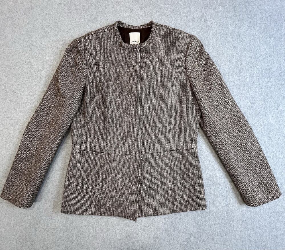 Anne Klein Women’s Jacket Brown Herringbone Wool Blend Lined Snap Pockets Sz 8